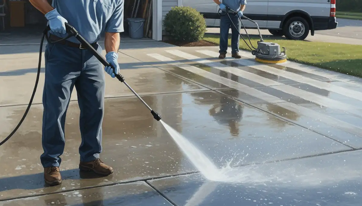 Concrete pressure cleaning service in Scottsdale, AZ removing dust and stains from a driveway